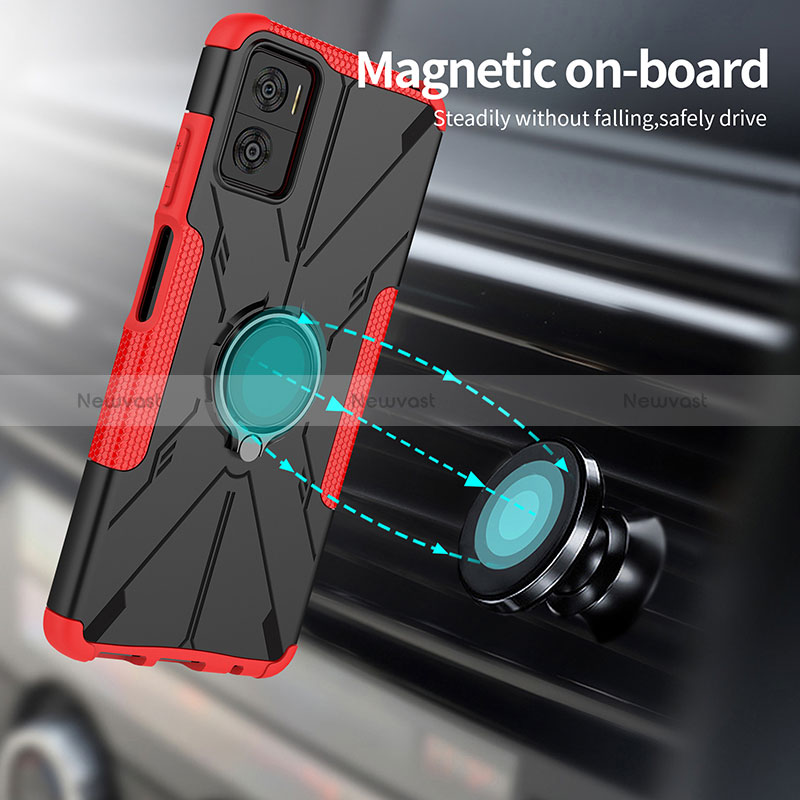 Silicone Matte Finish and Plastic Back Cover Case with Magnetic Finger Ring Stand JX1 for Motorola Moto E22