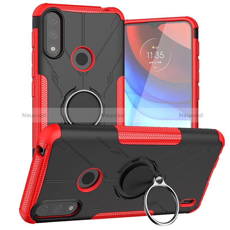 Silicone Matte Finish and Plastic Back Cover Case with Magnetic Finger Ring Stand JX1 for Motorola Moto E7 Power