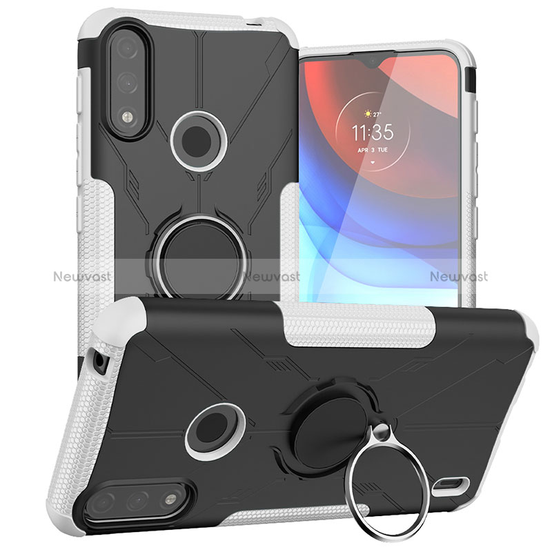 Silicone Matte Finish and Plastic Back Cover Case with Magnetic Finger Ring Stand JX1 for Motorola Moto E7 Power