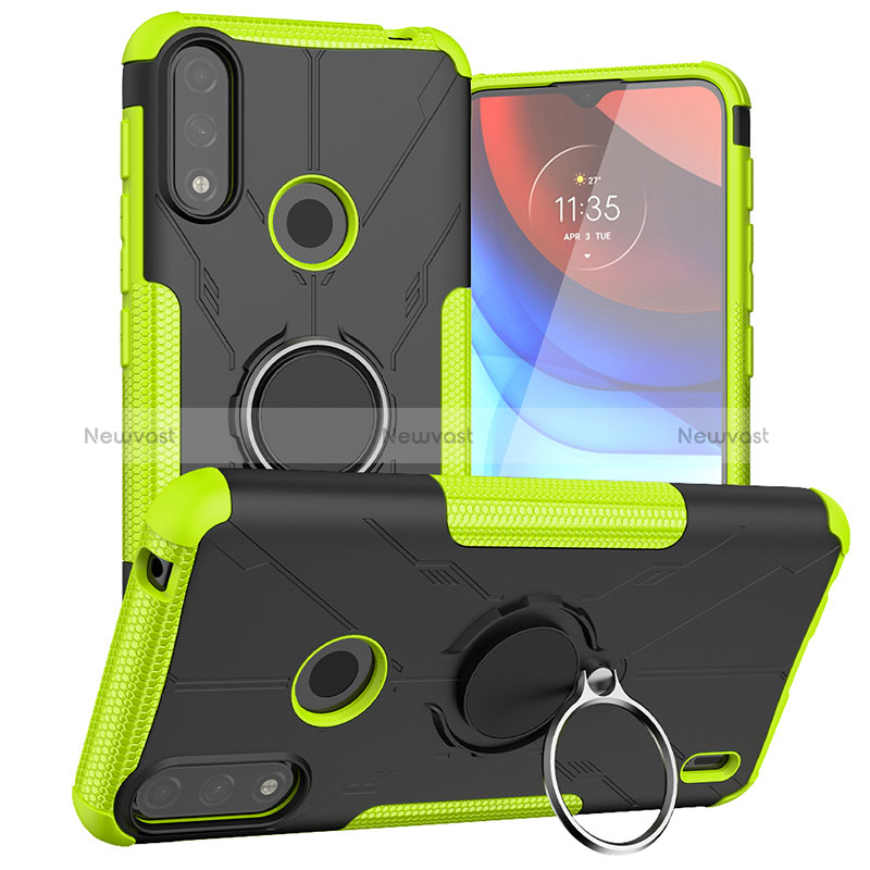 Silicone Matte Finish and Plastic Back Cover Case with Magnetic Finger Ring Stand JX1 for Motorola Moto E7 Power