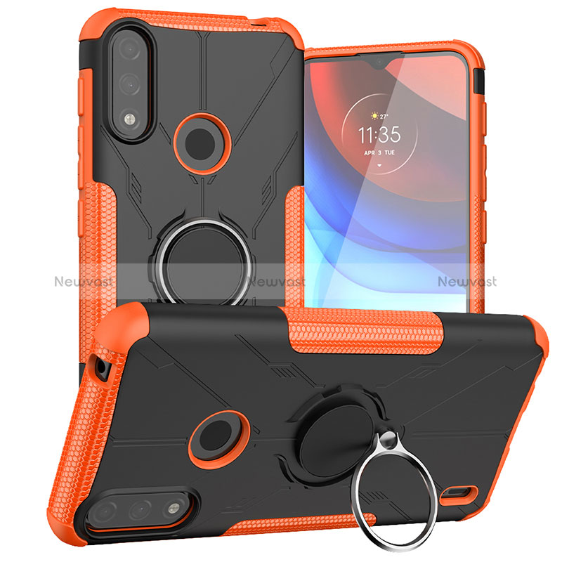 Silicone Matte Finish and Plastic Back Cover Case with Magnetic Finger Ring Stand JX1 for Motorola Moto E7 Power