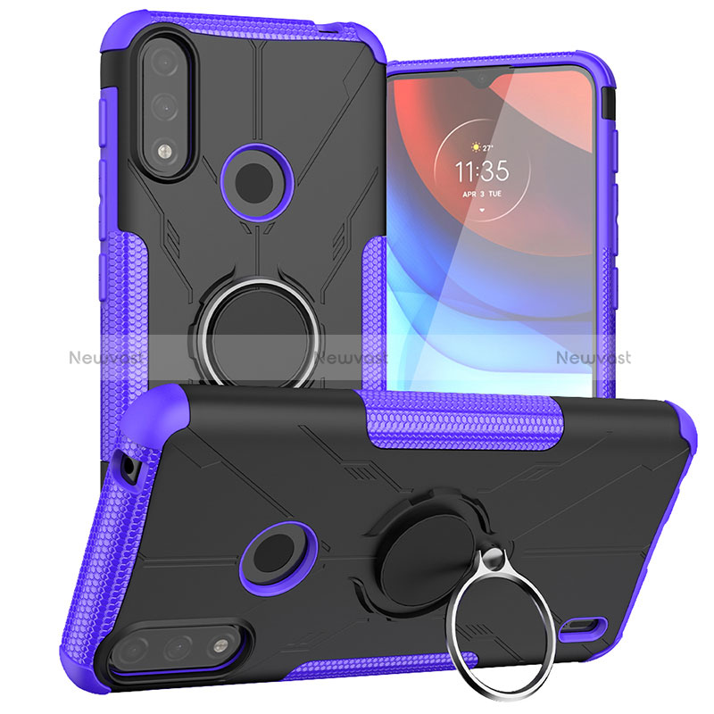 Silicone Matte Finish and Plastic Back Cover Case with Magnetic Finger Ring Stand JX1 for Motorola Moto E7 Power Purple