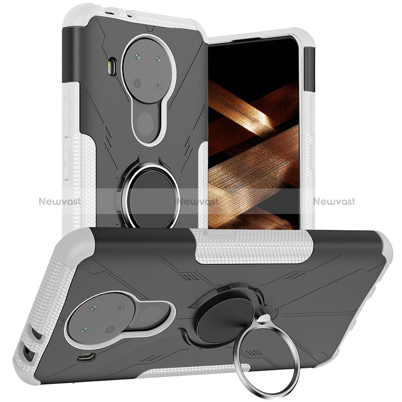 Silicone Matte Finish and Plastic Back Cover Case with Magnetic Finger Ring Stand JX1 for Nokia 5.4