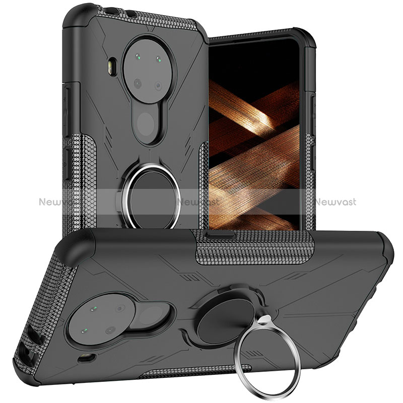 Silicone Matte Finish and Plastic Back Cover Case with Magnetic Finger Ring Stand JX1 for Nokia 5.4