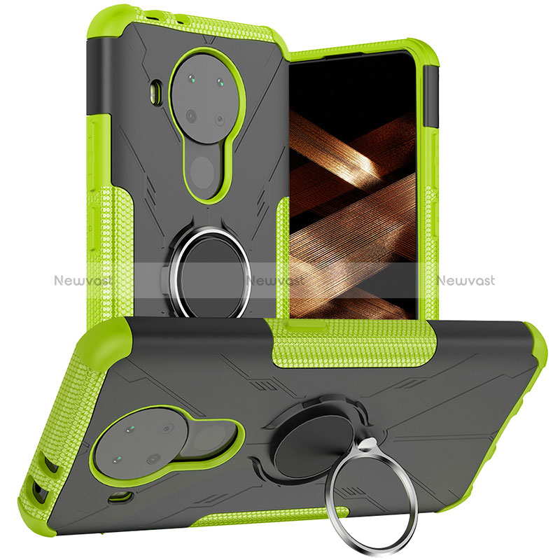 Silicone Matte Finish and Plastic Back Cover Case with Magnetic Finger Ring Stand JX1 for Nokia 5.4 Green