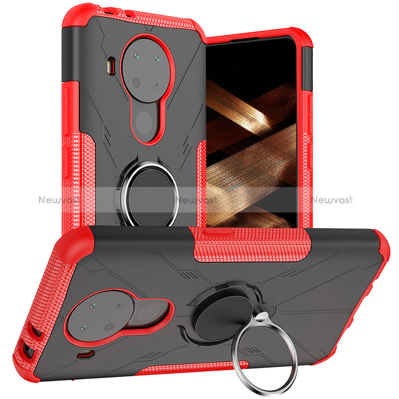 Silicone Matte Finish and Plastic Back Cover Case with Magnetic Finger Ring Stand JX1 for Nokia 5.4 Red