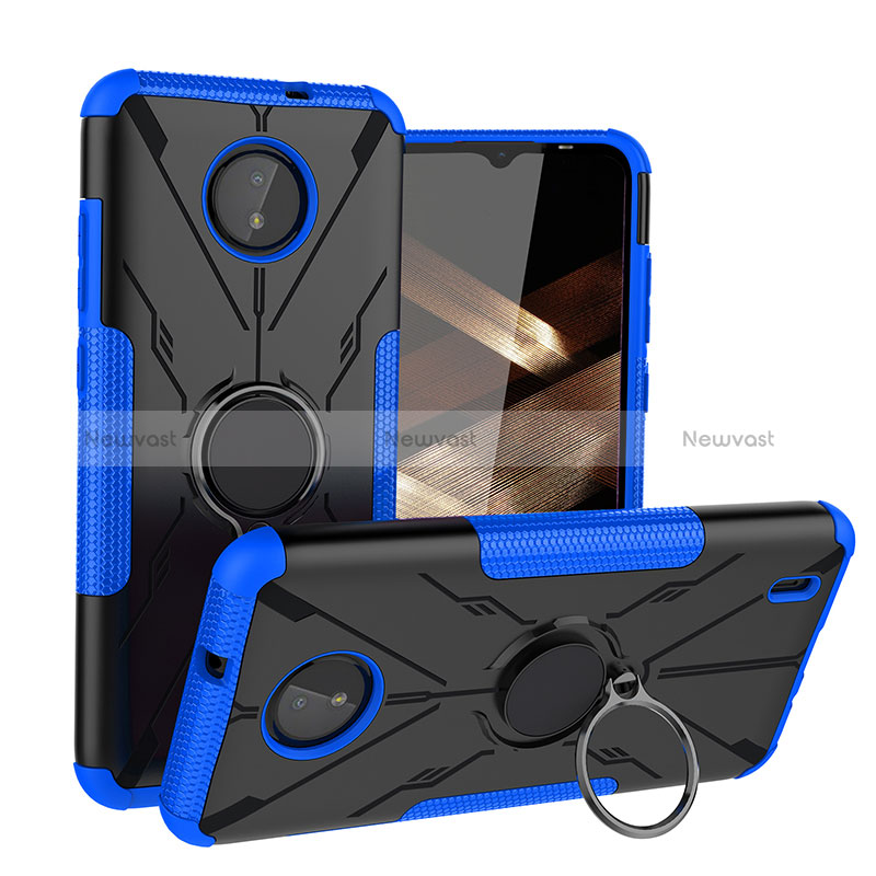 Silicone Matte Finish and Plastic Back Cover Case with Magnetic Finger Ring Stand JX1 for Nokia C10 Blue