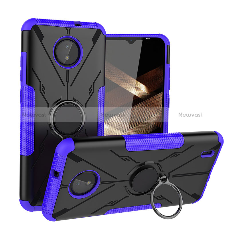 Silicone Matte Finish and Plastic Back Cover Case with Magnetic Finger Ring Stand JX1 for Nokia C10 Purple