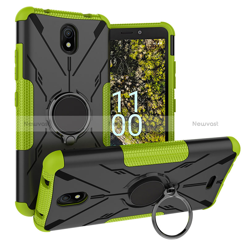 Silicone Matte Finish and Plastic Back Cover Case with Magnetic Finger Ring Stand JX1 for Nokia C100 Green