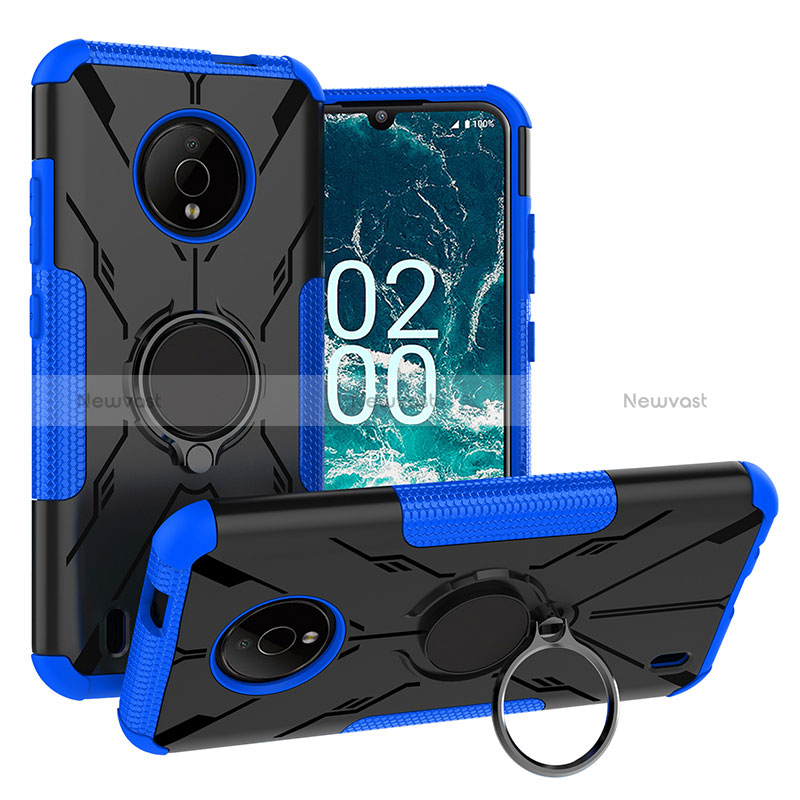 Silicone Matte Finish and Plastic Back Cover Case with Magnetic Finger Ring Stand JX1 for Nokia C200 Blue