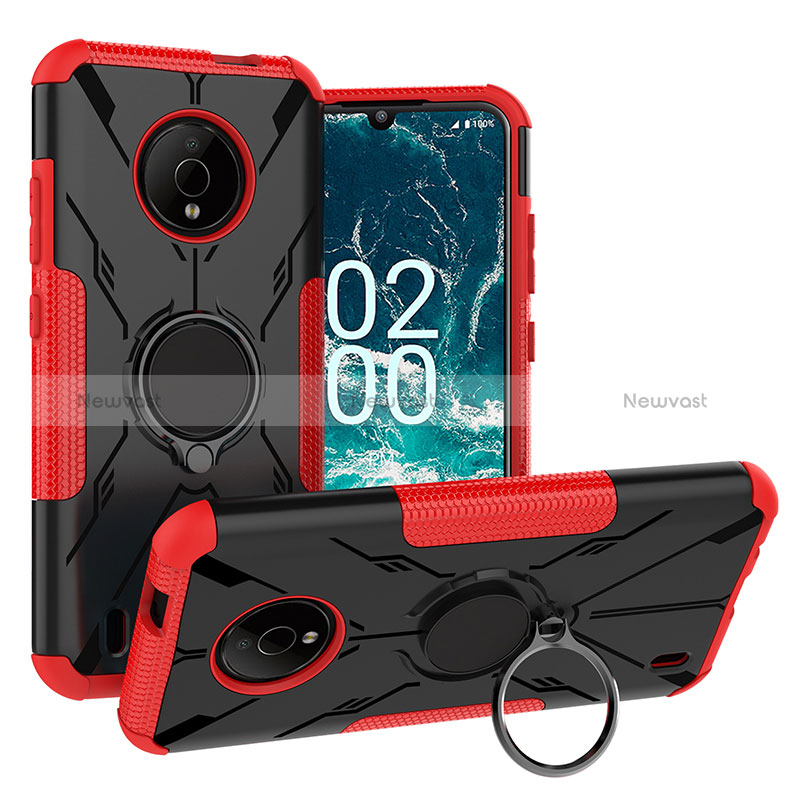 Silicone Matte Finish and Plastic Back Cover Case with Magnetic Finger Ring Stand JX1 for Nokia C200 Red