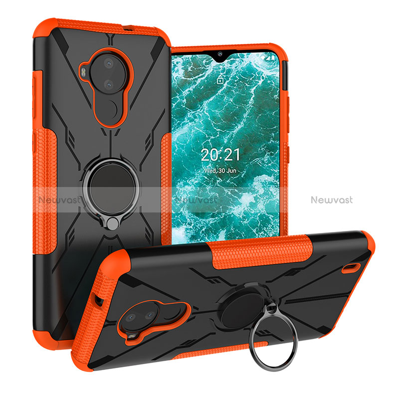 Silicone Matte Finish and Plastic Back Cover Case with Magnetic Finger Ring Stand JX1 for Nokia C30 Orange