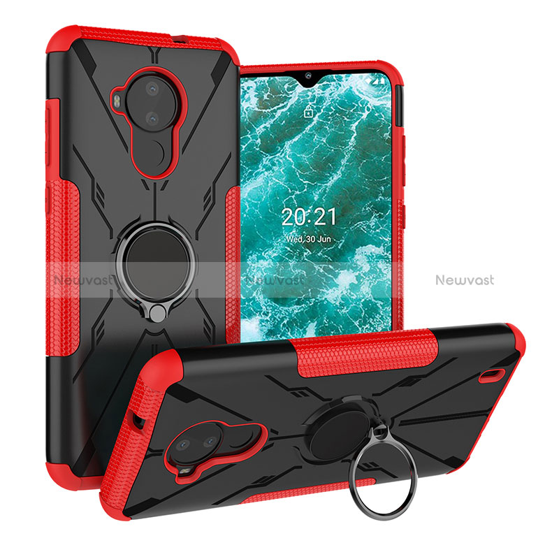 Silicone Matte Finish and Plastic Back Cover Case with Magnetic Finger Ring Stand JX1 for Nokia C30 Red