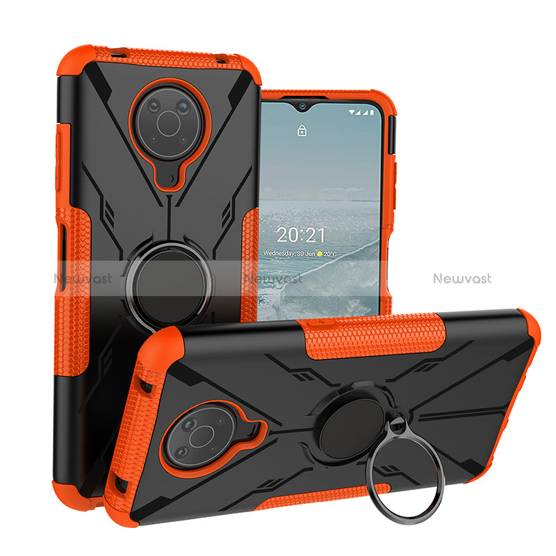 Silicone Matte Finish and Plastic Back Cover Case with Magnetic Finger Ring Stand JX1 for Nokia G10 Orange