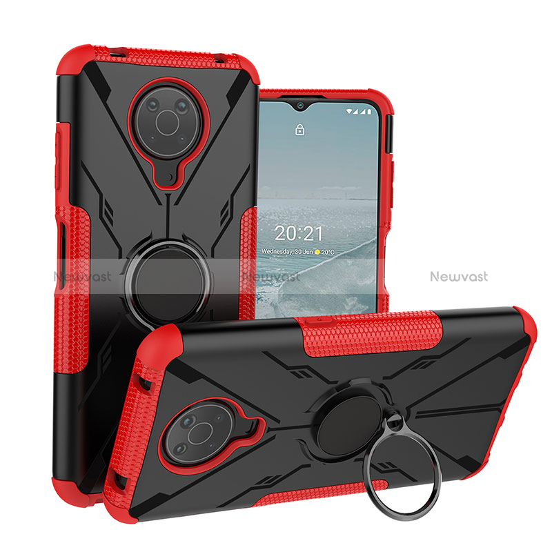 Silicone Matte Finish and Plastic Back Cover Case with Magnetic Finger Ring Stand JX1 for Nokia G10 Red