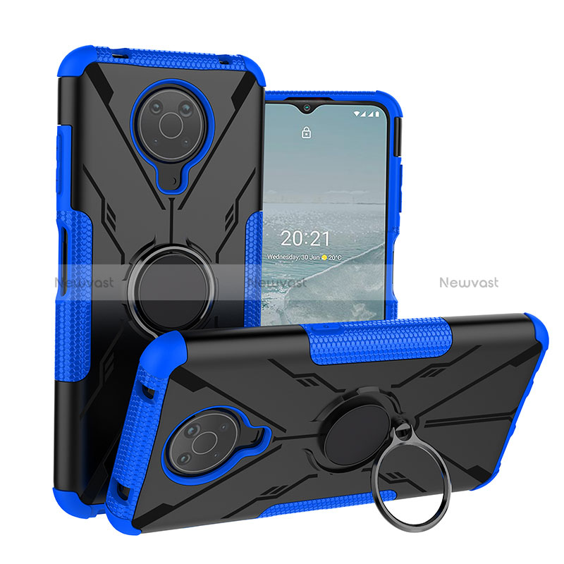 Silicone Matte Finish and Plastic Back Cover Case with Magnetic Finger Ring Stand JX1 for Nokia G20 Blue