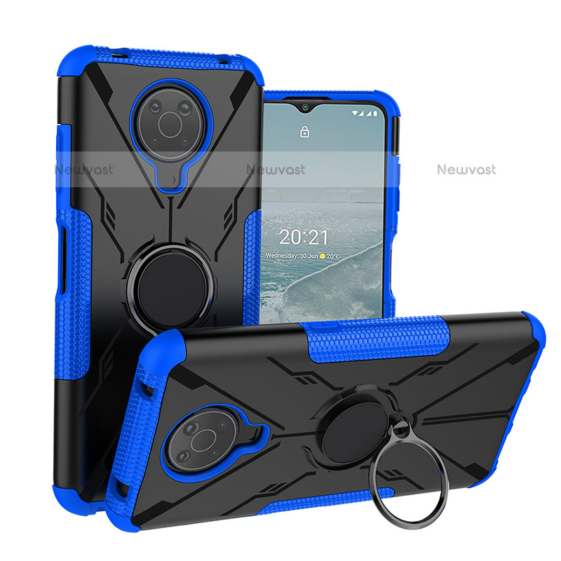 Silicone Matte Finish and Plastic Back Cover Case with Magnetic Finger Ring Stand JX1 for Nokia G30 Blue