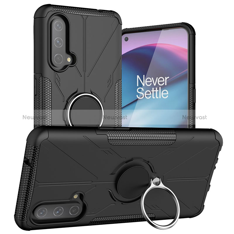 Silicone Matte Finish and Plastic Back Cover Case with Magnetic Finger Ring Stand JX1 for OnePlus Nord CE 5G