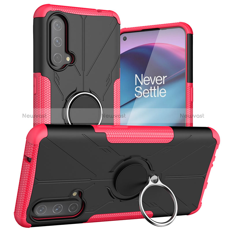 Silicone Matte Finish and Plastic Back Cover Case with Magnetic Finger Ring Stand JX1 for OnePlus Nord CE 5G