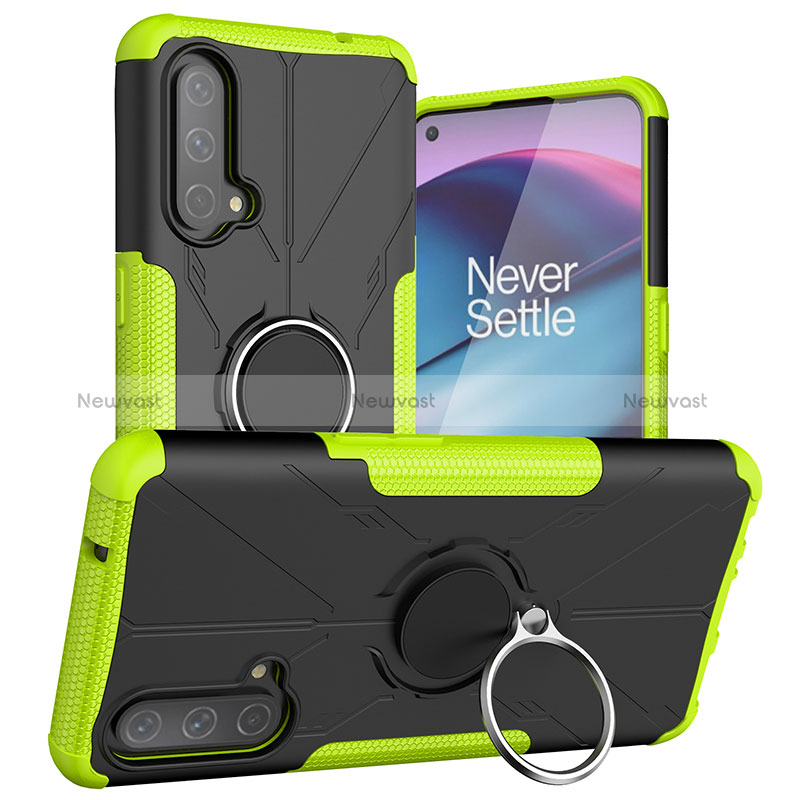 Silicone Matte Finish and Plastic Back Cover Case with Magnetic Finger Ring Stand JX1 for OnePlus Nord CE 5G Green