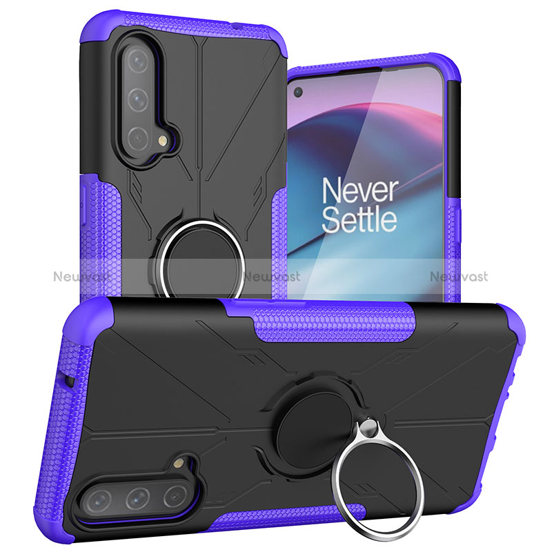 Silicone Matte Finish and Plastic Back Cover Case with Magnetic Finger Ring Stand JX1 for OnePlus Nord CE 5G Purple