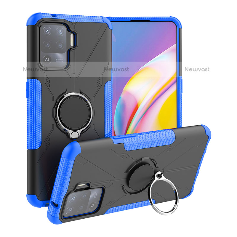 Silicone Matte Finish and Plastic Back Cover Case with Magnetic Finger Ring Stand JX1 for Oppo A94 4G Blue