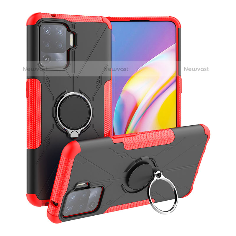 Silicone Matte Finish and Plastic Back Cover Case with Magnetic Finger Ring Stand JX1 for Oppo A94 4G Red