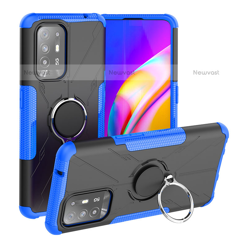 Silicone Matte Finish and Plastic Back Cover Case with Magnetic Finger Ring Stand JX1 for Oppo A94 5G Blue