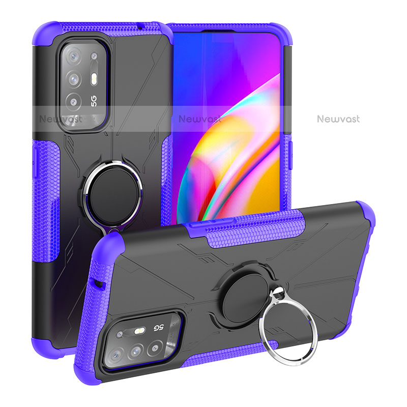 Silicone Matte Finish and Plastic Back Cover Case with Magnetic Finger Ring Stand JX1 for Oppo A94 5G Purple