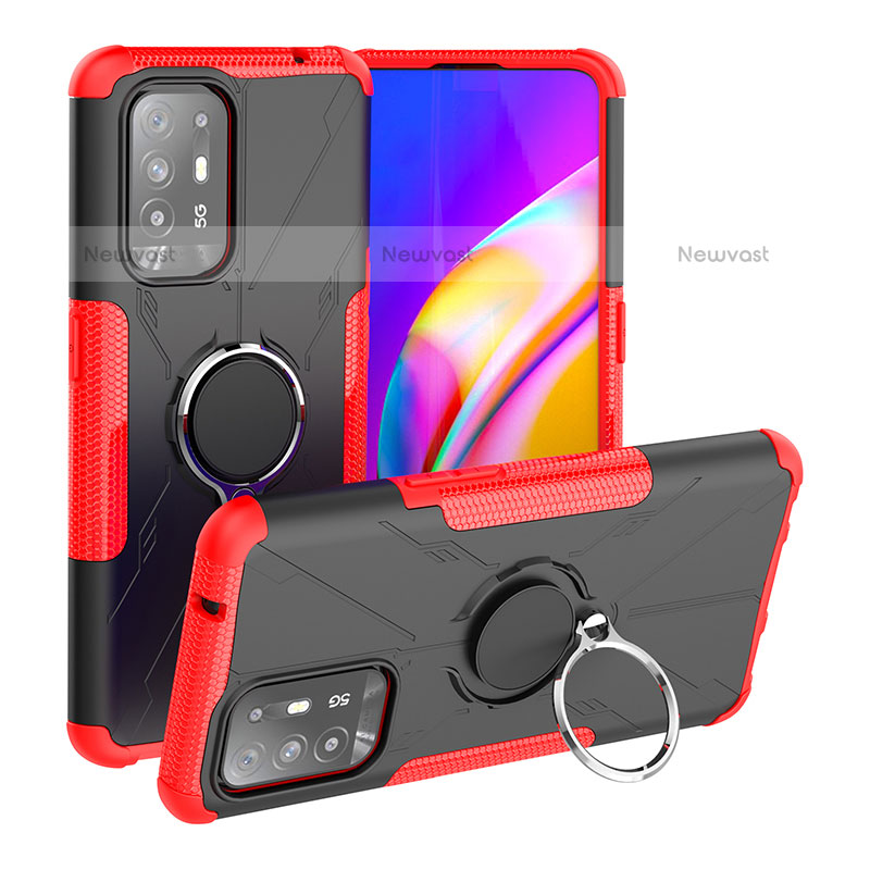 Silicone Matte Finish and Plastic Back Cover Case with Magnetic Finger Ring Stand JX1 for Oppo A94 5G Red