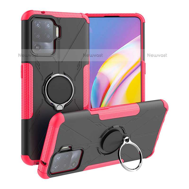 Silicone Matte Finish and Plastic Back Cover Case with Magnetic Finger Ring Stand JX1 for Oppo F19 Pro Hot Pink