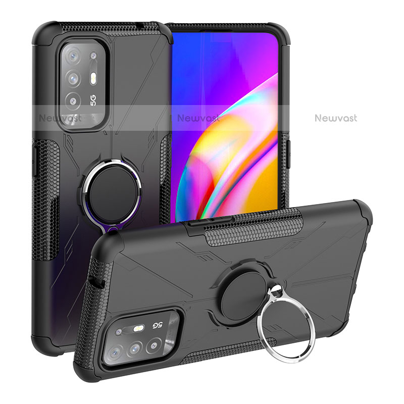 Silicone Matte Finish and Plastic Back Cover Case with Magnetic Finger Ring Stand JX1 for Oppo F19 Pro+ Plus 5G Black