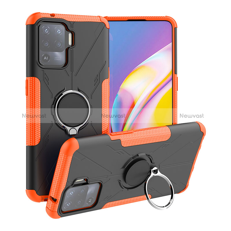 Silicone Matte Finish and Plastic Back Cover Case with Magnetic Finger Ring Stand JX1 for Oppo Reno5 F Orange