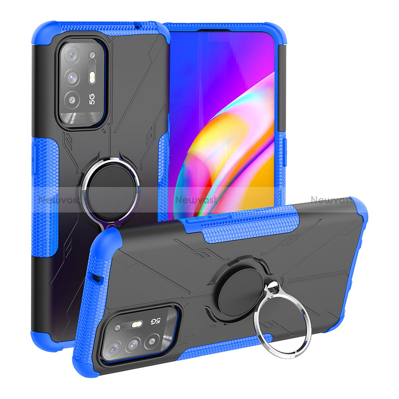 Silicone Matte Finish and Plastic Back Cover Case with Magnetic Finger Ring Stand JX1 for Oppo Reno5 Z 5G Blue