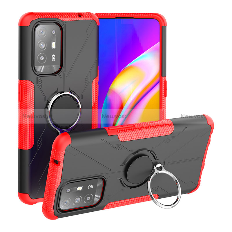 Silicone Matte Finish and Plastic Back Cover Case with Magnetic Finger Ring Stand JX1 for Oppo Reno5 Z 5G Red