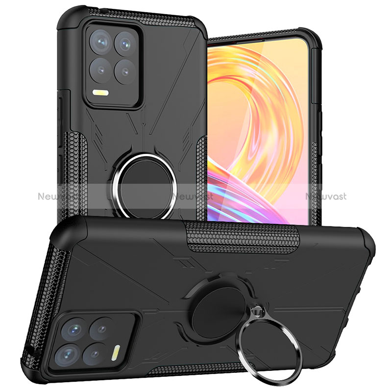 Silicone Matte Finish and Plastic Back Cover Case with Magnetic Finger Ring Stand JX1 for Realme 8 Pro