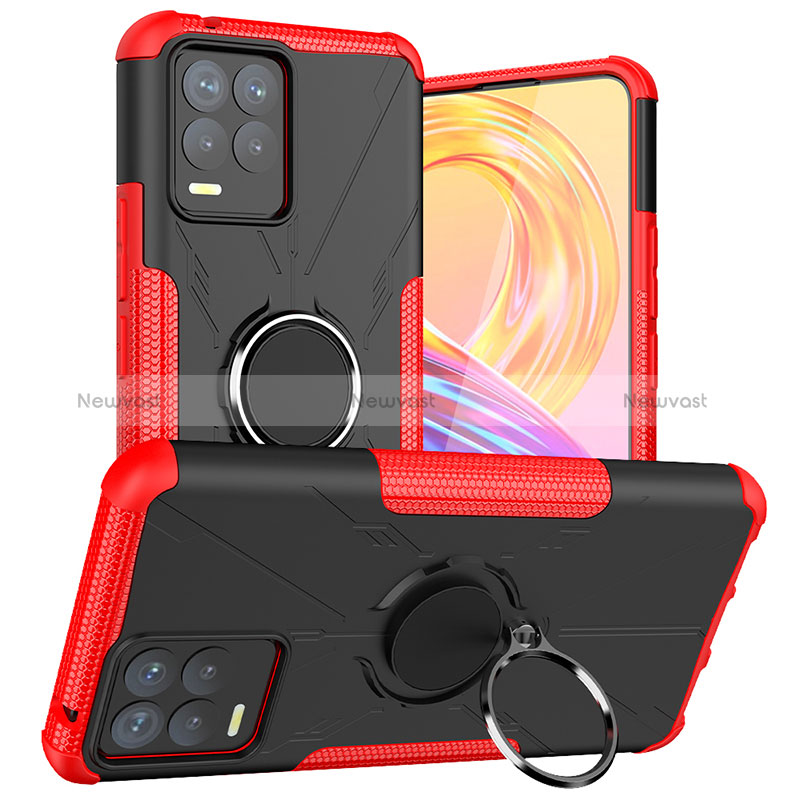 Silicone Matte Finish and Plastic Back Cover Case with Magnetic Finger Ring Stand JX1 for Realme 8 Pro Red