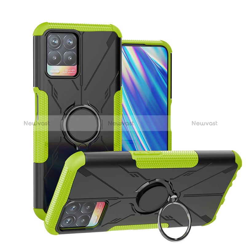 Silicone Matte Finish and Plastic Back Cover Case with Magnetic Finger Ring Stand JX1 for Realme 8i Green