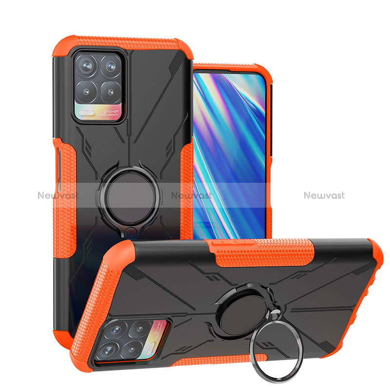 Silicone Matte Finish and Plastic Back Cover Case with Magnetic Finger Ring Stand JX1 for Realme 8i Orange