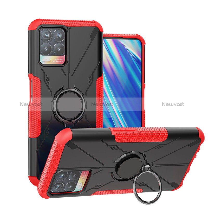 Silicone Matte Finish and Plastic Back Cover Case with Magnetic Finger Ring Stand JX1 for Realme 8i Red