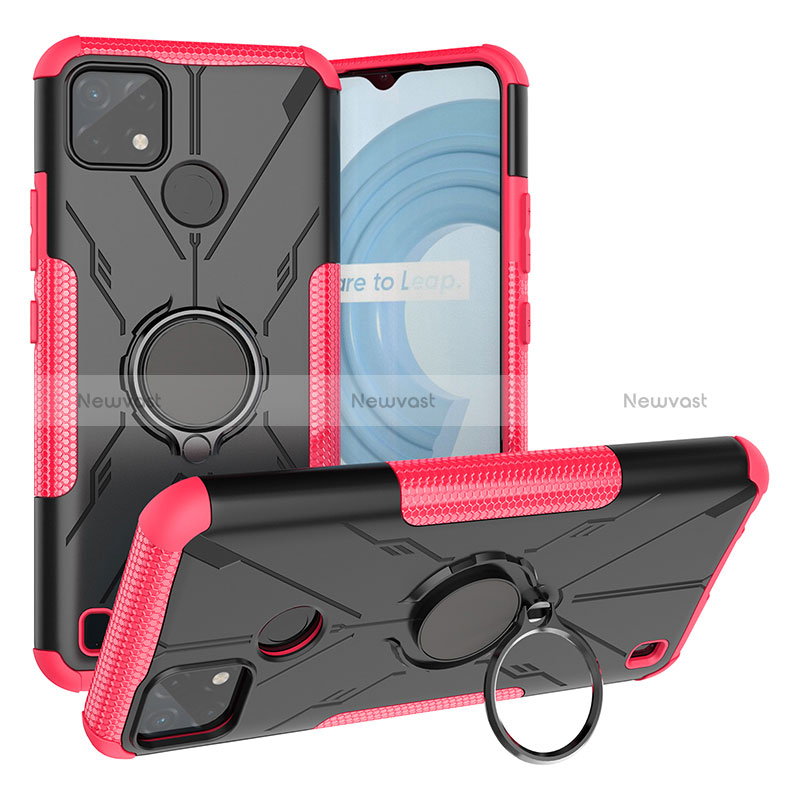 Silicone Matte Finish and Plastic Back Cover Case with Magnetic Finger Ring Stand JX1 for Realme C25Y Hot Pink