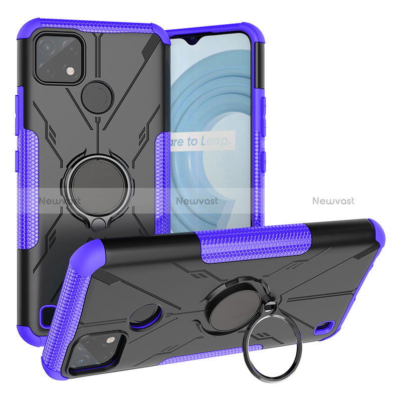 Silicone Matte Finish and Plastic Back Cover Case with Magnetic Finger Ring Stand JX1 for Realme C25Y Purple