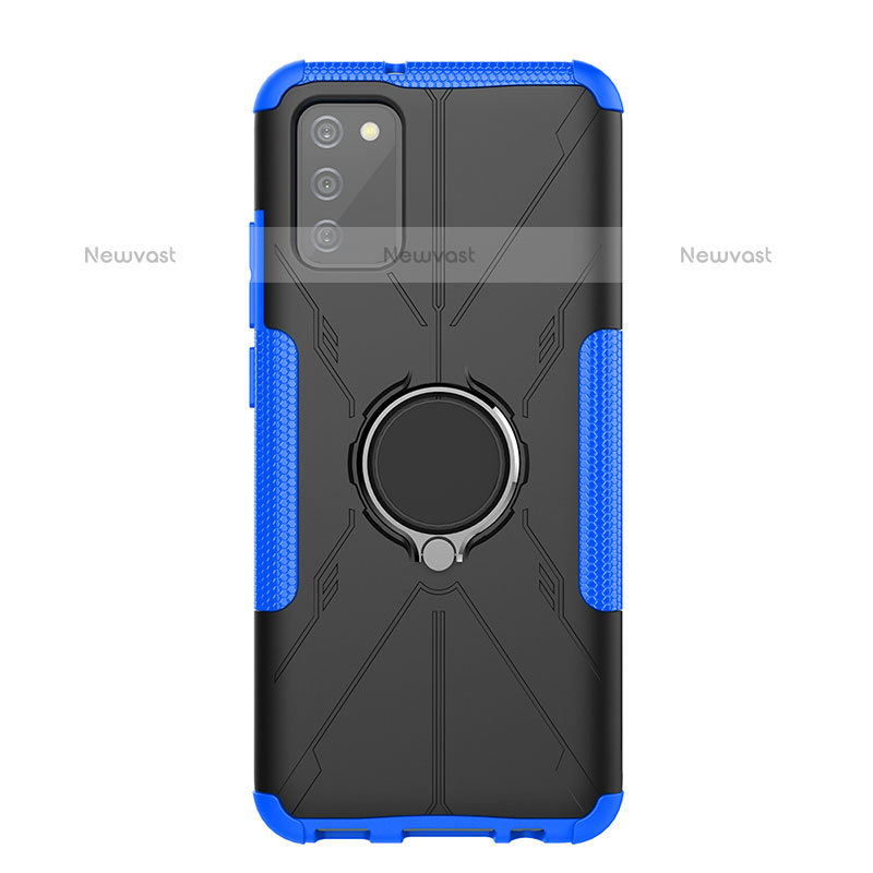 Silicone Matte Finish and Plastic Back Cover Case with Magnetic Finger Ring Stand JX1 for Samsung Galaxy A02s Blue