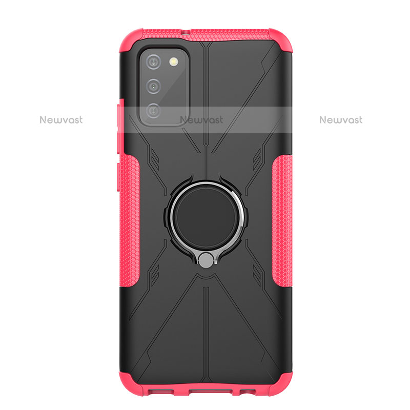 Silicone Matte Finish and Plastic Back Cover Case with Magnetic Finger Ring Stand JX1 for Samsung Galaxy A02s Hot Pink