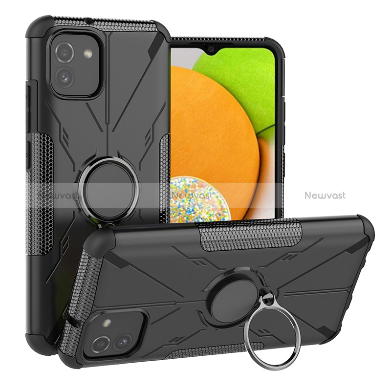 Silicone Matte Finish and Plastic Back Cover Case with Magnetic Finger Ring Stand JX1 for Samsung Galaxy A03 Black