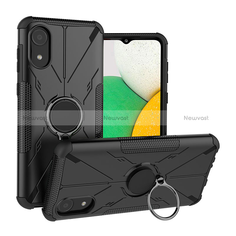 Silicone Matte Finish and Plastic Back Cover Case with Magnetic Finger Ring Stand JX1 for Samsung Galaxy A03 Core Black