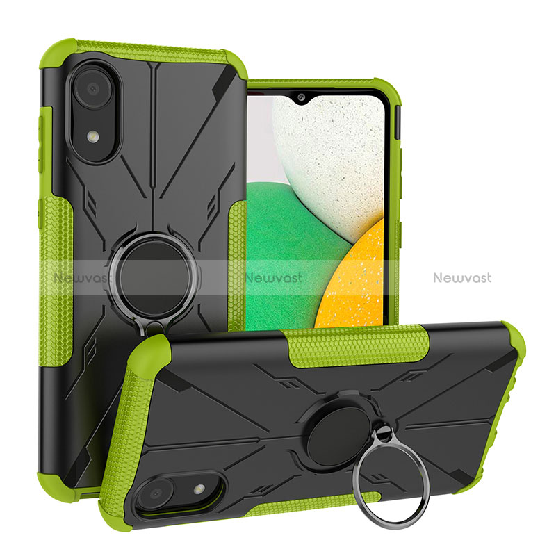 Silicone Matte Finish and Plastic Back Cover Case with Magnetic Finger Ring Stand JX1 for Samsung Galaxy A03 Core Green