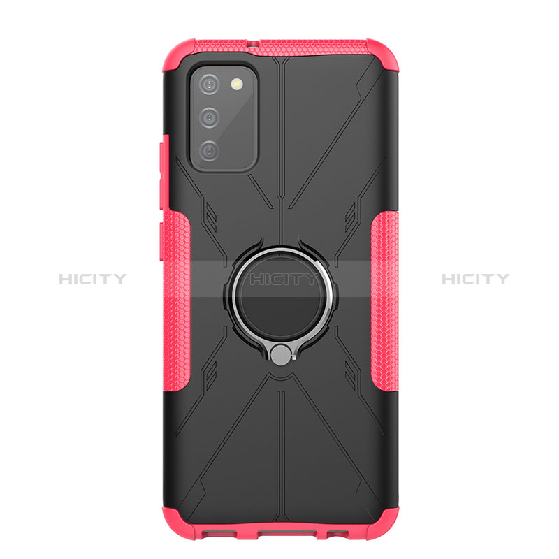 Silicone Matte Finish and Plastic Back Cover Case with Magnetic Finger Ring Stand JX1 for Samsung Galaxy A03s Hot Pink