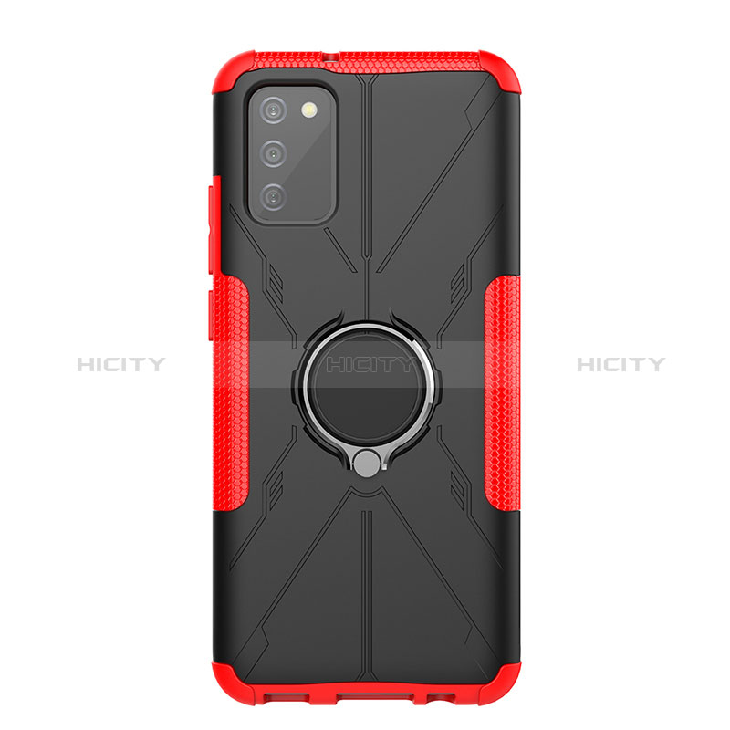 Silicone Matte Finish and Plastic Back Cover Case with Magnetic Finger Ring Stand JX1 for Samsung Galaxy A03s Red