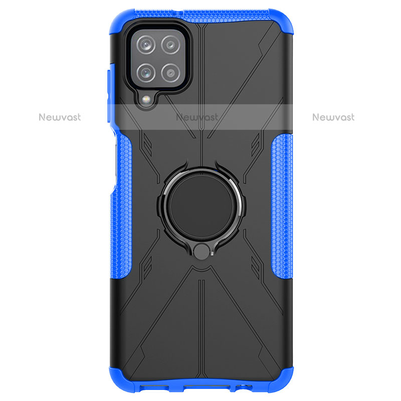 Silicone Matte Finish and Plastic Back Cover Case with Magnetic Finger Ring Stand JX1 for Samsung Galaxy A12 Blue